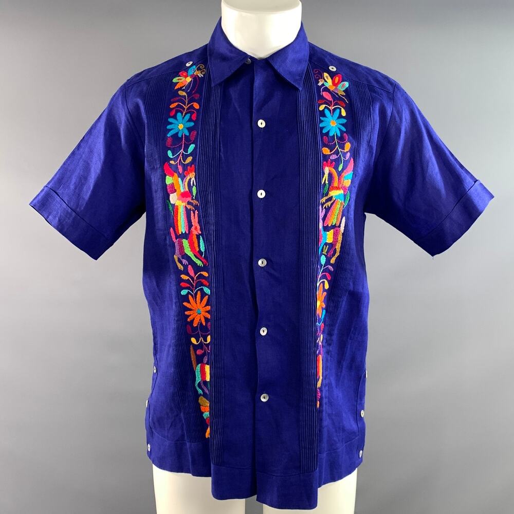 NATIVA Size S Purple Multi Color Embroidery Linen Guayabera Short Sleeve Shirt